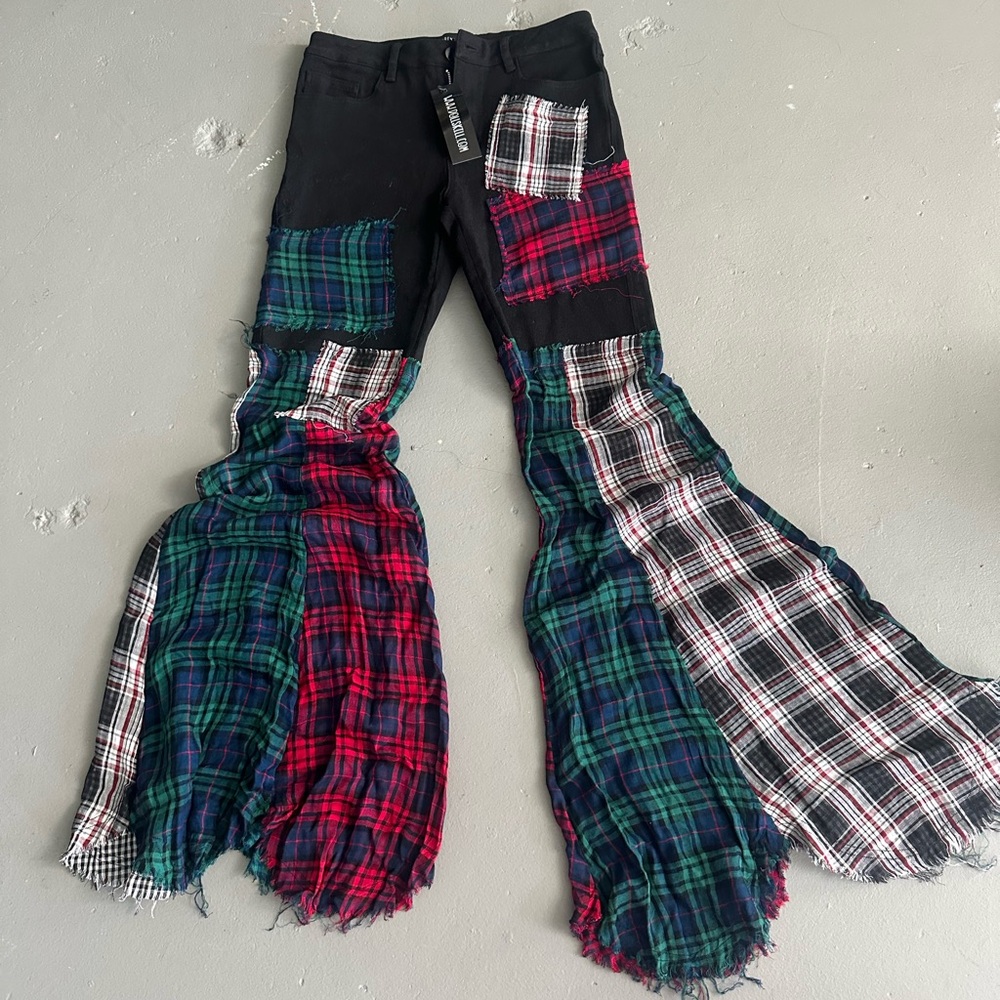 Wide leg plaid and denim pants